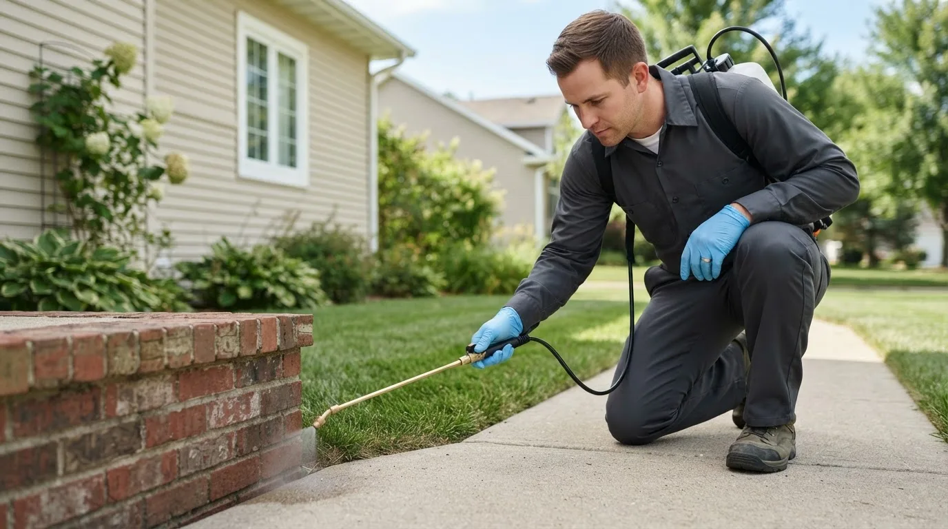 Pest control technician treating a home near Strathcona, MN